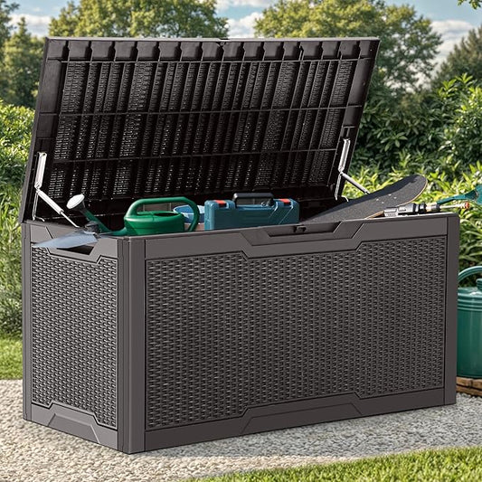 YITAHOME 100 Gallon Resin Deck Box, Weather Resistant Outdoor Storage Box, Lockable Indoor Outdoor Storage for Supplies and Essentials, Dark Brown YITAHOME