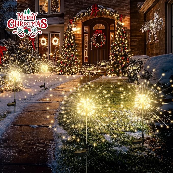 GIGALUMI Garden Decor Outdoor Lights 120LED 4Pack, Solar Garden Lights for Christmas Outside Fairy Firework Decorative,Solar Powered for Yard Pathway Flowerbed Planter Balcony Patio Decor (Warm White GIGALUMI