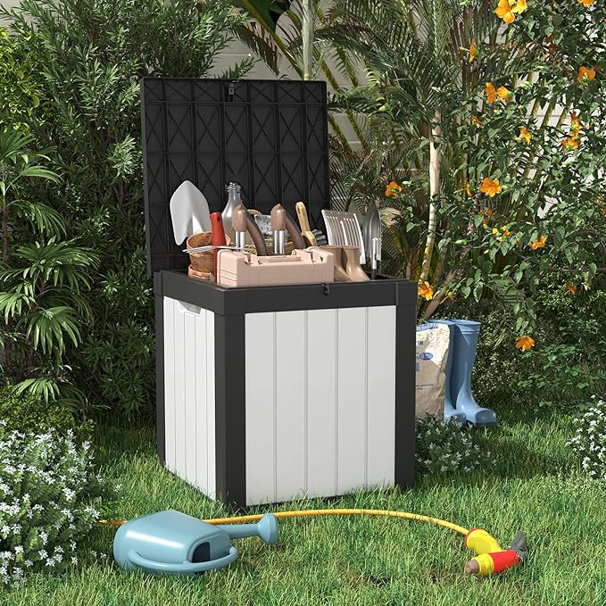 40 Gallon Resin Deck Box, Lockable Patio Outdoor Storage Box for Furniture, Garden Tools and Tools Storage, Waterproof Outside Storage Boxes - Black&White OutdoorLivingPerfected
