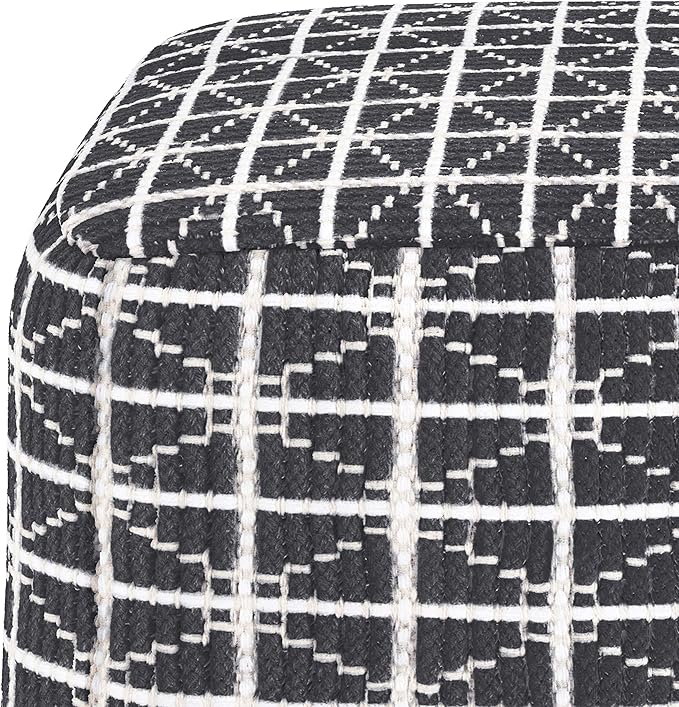 SIMPLIHOME Noreen Square Pouf - 18 inch Wide Upholstered Handwoven Cotton Ottoman in Slate Grey and White, Boho Footstool or Extra Seating for Living Room with Polystyrene Filling, Assembled SimpliHome