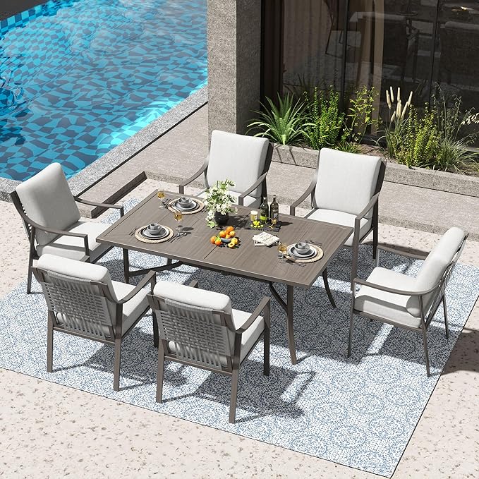 NATURAL EXPRESSIONS 7 Piece Patio Dining Table Outdoor Furniture Set for 6, 6Pcs Fixed Dining Chairs with Olefin Cushions, 65”Large Dining Table with Umbrella Hole NaturalExpressions
