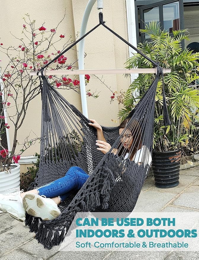 Chihee Hammock Chair Super Large Soft-Spun Cotton Rope Weaving Hanging Chair, Collapsible Strong Metal Spreader Bar Wide Seat Lace Stretch Swing Chairs Indoor Outdoor Garden Yard Theme Decoration Chihee