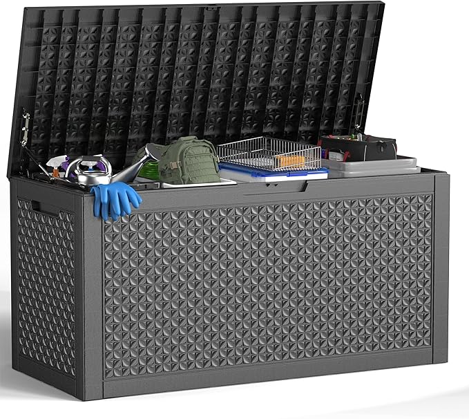 ROJIK Outdoor Storage Housing Deck Box - Waterproof Patio Furniture, Garden Tools, Cushions, Pool Accessories Storage Bench with Lockable Lid and Side Handles (Black,125 Gal) ROJIK