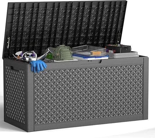 ROJIK Outdoor Storage Housing Deck Box - Waterproof Patio Furniture, Garden Tools, Cushions, Pool Accessories Storage Bench with Lockable Lid and Side Handles (Black,125 Gal) ROJIK