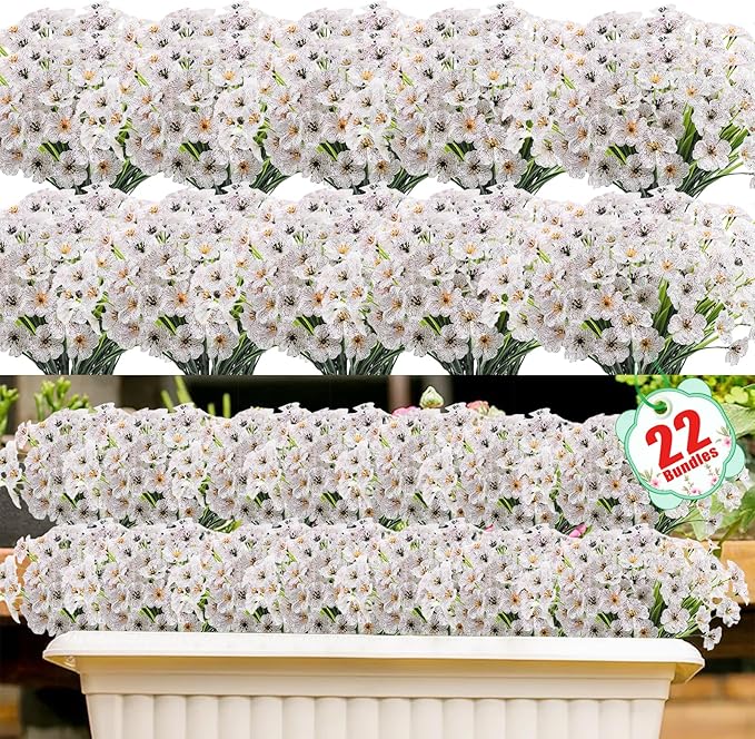 22 Pack Artificial Flowers Outdoor Fake Plants, Faux Flowers UV Resistant with Plastic Plants, Faux Silk Flowers for Outdoors Outside Front Porch Hanging Planter Window Box Garden Decoration(White) Powbrace
