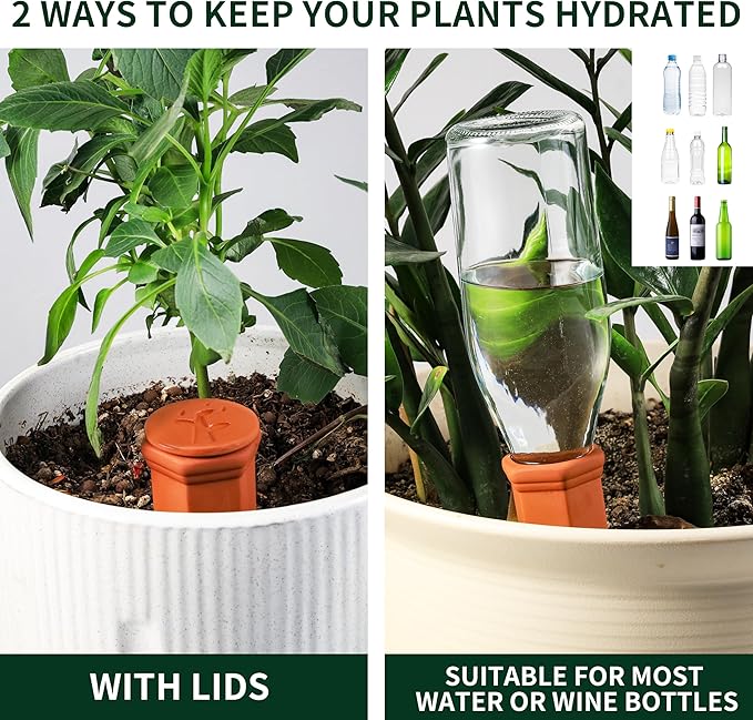Large Terracotta Watering Spikes with Lids, Automatic Plant Waterer Outdoor | Indoor, Vacation Friendly Clay Plant Watering Devices System, Slow Release Self Watering Planter Insert, 4 Pack SoilaguaDirect