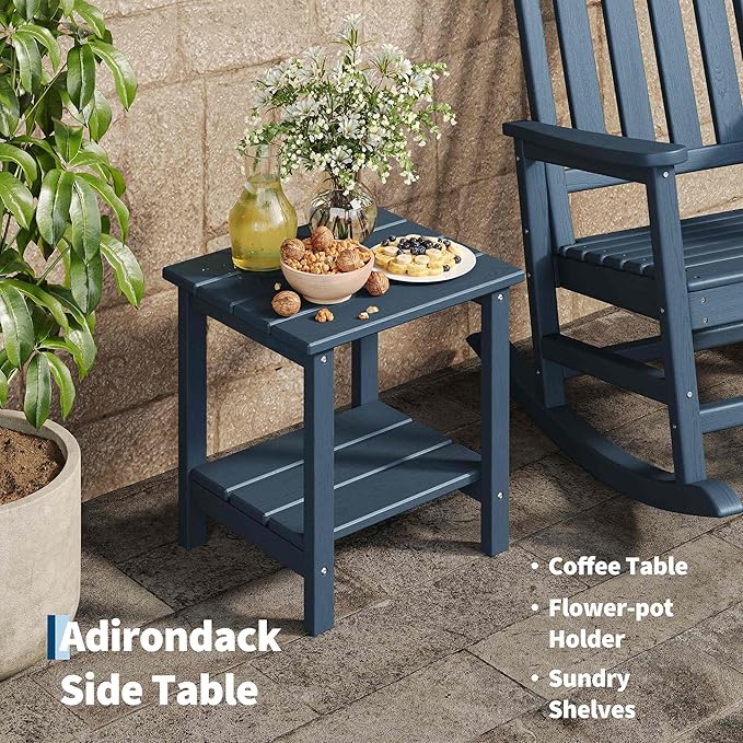 GarveeLife Poly Lumber Rocking Chair Outdoor Set of 2 with Side Table - HDPE High Back Porch Rocker Chairs for Adults - All Weather Resistant Furniture for Patio - Navy Blue GarveeLife