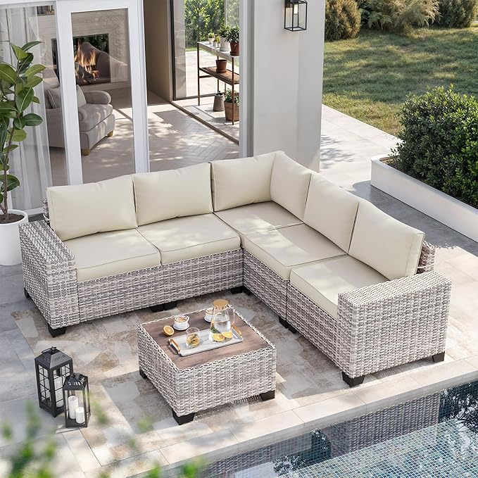 6-Piece Outdoor Patio Furniture Set Wicker Sectional Sofa Set, Patio Conversation Set with Thickened Cushions & Coffee Table for Garden, Backyard, Poolside, White MuphyersPatioFurniture