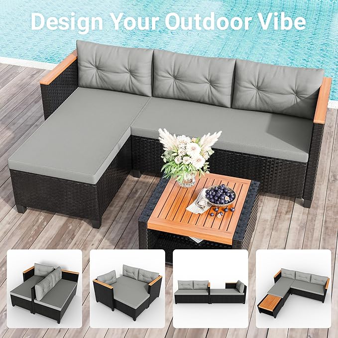 Wisteria Lane Small Patio Furniture Set, All-Weather PE Rattan Outdoor Sectional Sofa with Storage Table, L Shape Outdoor Couch with Cushions, 3 Piece Wicker Patio Furniture for Balcony, Grey WisteriaLane