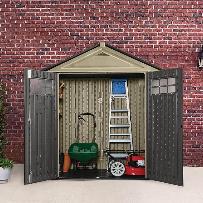 Rubbermaid Resin Outdoor Storage Shed With Floor (7 x 3.5 Ft) Weather Resistant, Brown Gable, Organization for Home/Backyard/Garden Tools/Lawn Mower/Bike Storage/Pool Supplies Rubbermaid