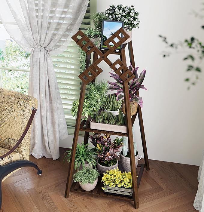 COPREE 3-Tier Tower Plant Stand Display Rack with Windmill Top,Bamboo Vintage Flower Pot Holder Shelf for Patio Balcony Decoration COPREE