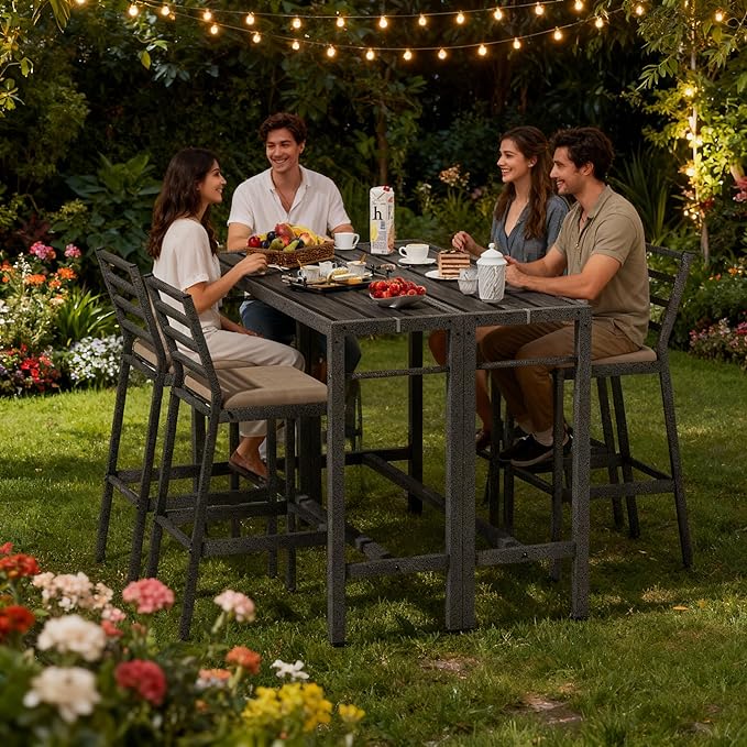3Pcs Outdoor Patio Bar Set, 55" Rectangular High Top Table and Chairs Set with 2 Cushioned Bar Stools & Cover,Metal Pub Height Bistro Table Set for Balcony, Backyard, Porch, Deck,Garden, Pool Liskanap