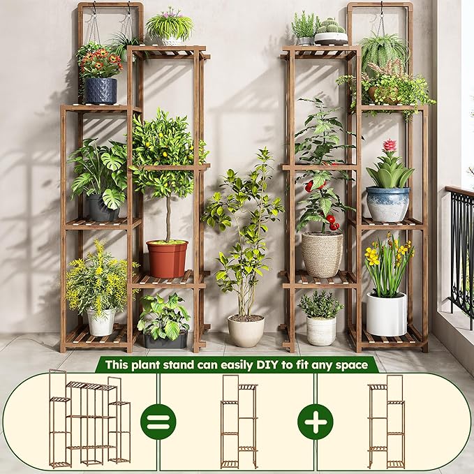 EnHomee Plant Stand Indoor for Multiple Plants Stand Outdoor with 18-22 Potted Double Rod for Hanging Plant Shelf 570 LBS Wood Plants Shelves for Living Room Patio Balcony Yard Garden 56''W×11.6''D×47''H EnHomee