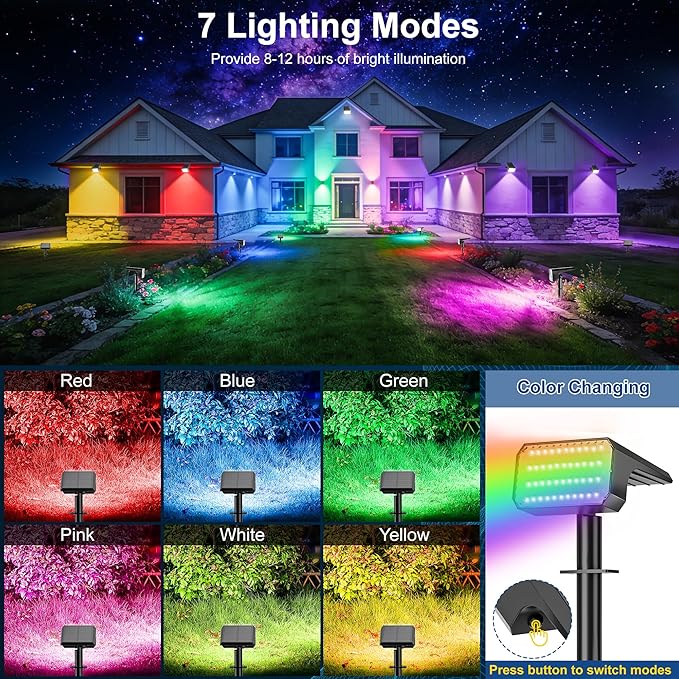 LANSOW Solar Spot Lights Outdoor Color Changing, 2 Pack/7 Modes Waterproof Solar Christmas Landscape Spotlights, LED Solar Powered Flood Lights for Yard Garden Pathway Outside Halloween, Auto ON/Off LANSOW
