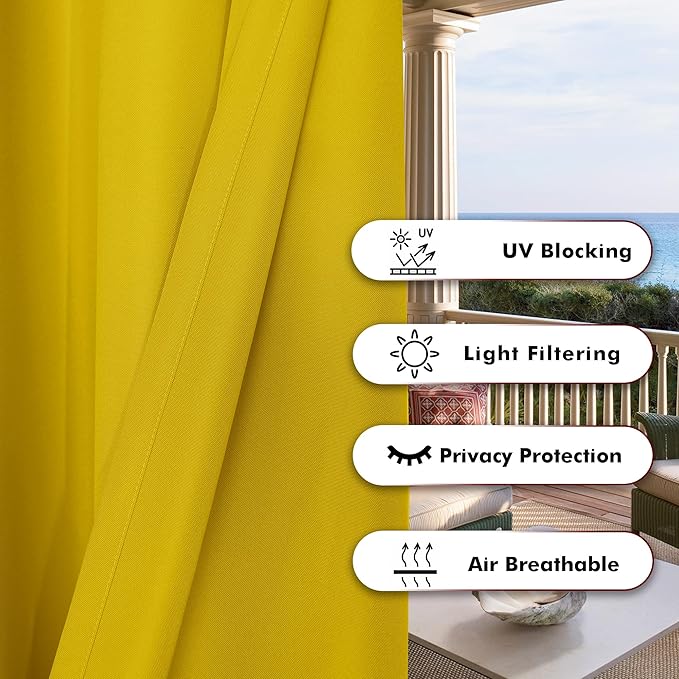 BONZER Waterproof Indoor/Outdoor Curtains for Patio Thick Privacy Grommet Curtains for Bedroom, Living Room, Porch, Pergola, Cabana, 1 Panel, 54W x 84L inch, Yellow Bonzer