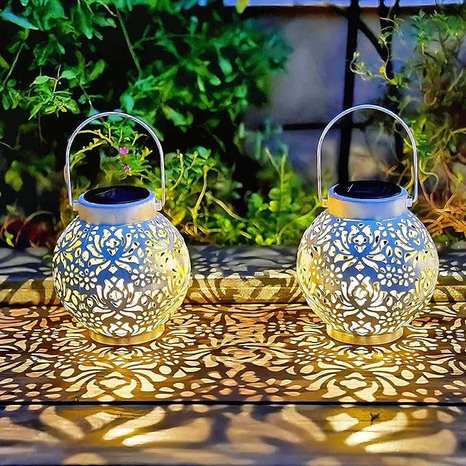 2 Pack Outdoor Solar Hanging Lantern Lights Metal LED Decorative Lamp for Garden Patio Courtyard Lawn and Table with Hollowed-Out Design (White) ExcMark