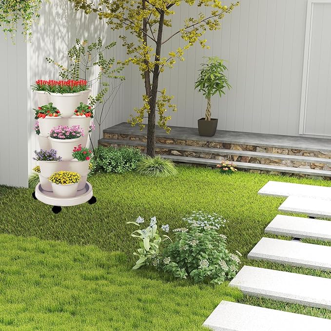 5-Tier Vertical Garden Tower Stackable Planter for Strawberries, Flowers, Vegetables & Herbs Beige Pinky+Family