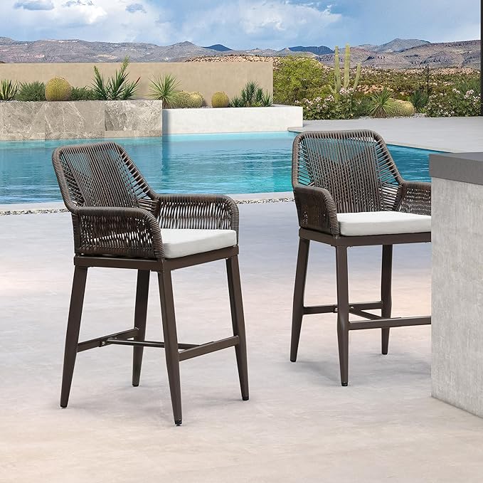 PURPLE LEAF Outdoor 24" Counter Height Bar Stools Chair Set of 2, All Weather Rattan and Aluminum Patio Bar Stool with Cushion for Indoor and Outdoor, Kitchen Island, Coffee PURPLELEAF