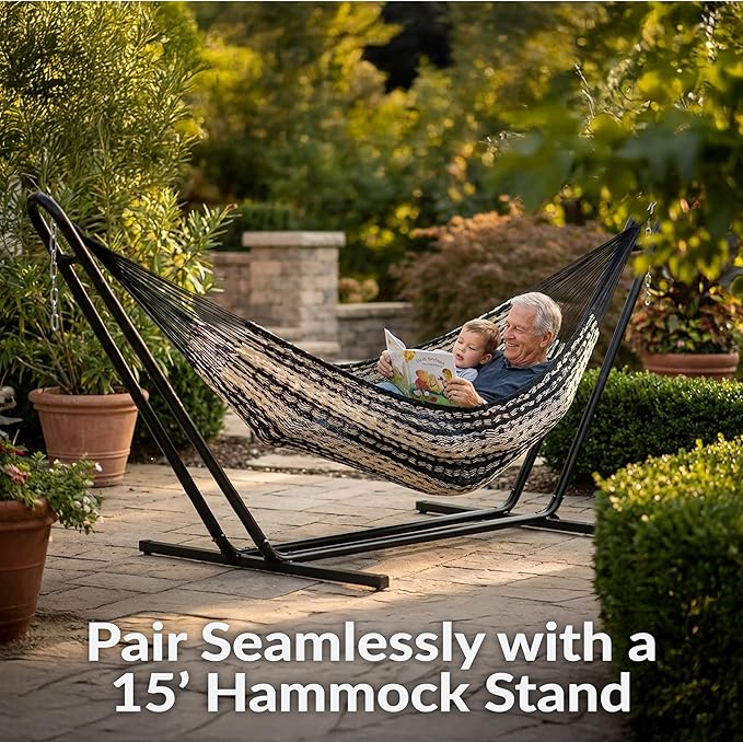 Sunnydaze Handwoven XXL Thick Cord Mayan Double Hammock for Outside - 625-Pound Capacity Heavy-Duty Outdoor Hammock - Black/Natural SunnydazeDecor