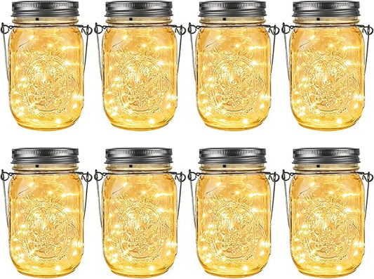 GIGALUMI Solar Mason Jar Lights, 8 Pack 30 Led String Fairy Lights Garden Lights Outdoor Waterproof Metal Lid Hanging Solar Lanterns for Outdoor, Garden, Patio, Lawn, Balcony Decoration GIGALUMI