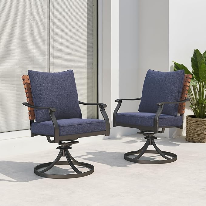 Grand patio 2-Piece Outdoor Dining Chair Set, 2 Leather-Look Wicker 360-Degree Swivel Patio Chair, Blue GrandPatio