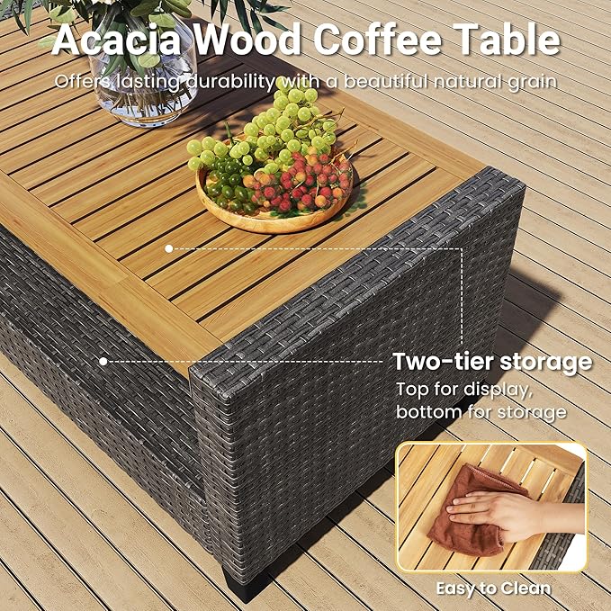 Wisteria Lane 4 Piece Patio Furniture Set, Wicker Outdoor Patio Conversation Furniture Set, All Weather Outdoor Patio Sofa with Cushion and Wood Table, Grey Wood WisteriaLane