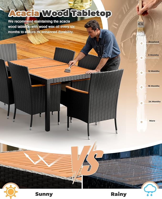 Flamaker 7 Piece Patio Dining Set Outdoor Acacia Wood Table and Chairs with Soft Cushions Wicker Patio Furniture for Deck, Backyard, Garden Flamaker