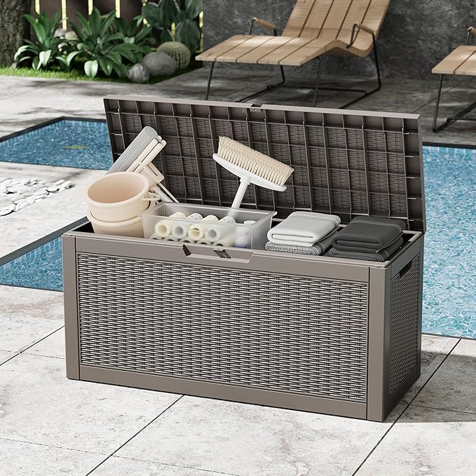 Outdoor Storage Box, Resin Deck Boxes Indoor and outdoor, Waterproof Storage Box Lockable Lid (Grey,70 Gallon) NBYSGO
