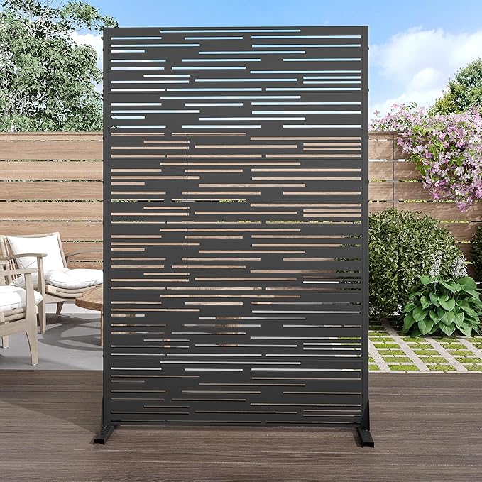 Casaphoria Metal Privacy Screen Outdoor, 72" H x 47" W Freestanding Decorative Privacy Screen for Patio Deck Balcony Garden with Stable Base, Shine Black Casaphoria