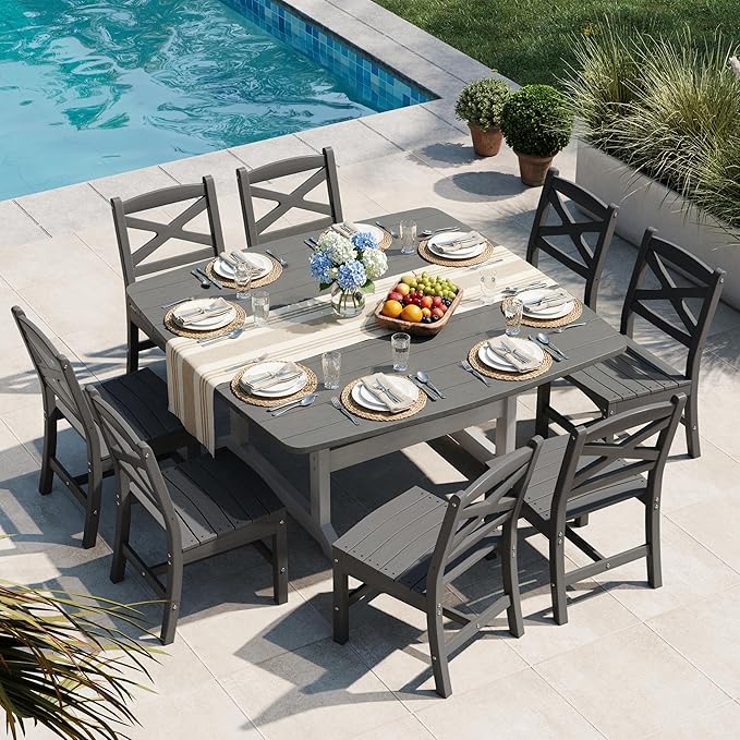 9-Piece Patio Dining Table Set, HDPE Outdoor Table and Chairs Set, All-Weather Outdoor Dining Set for 8 with Umbrella Hole, Durable Patio Furniture Set with Chairs,White Grey Rootora