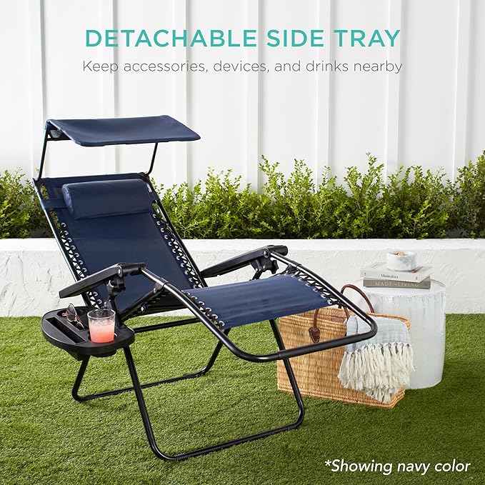 Best Choice Products Folding Zero Gravity Outdoor Recliner Patio Lounge Chair w/Adjustable Canopy Shade, Headrest, Side Accessory Tray, Textilene Mesh - Dove Gray BestChoiceProducts
