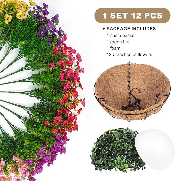 Artificial Faux Hanging Plants Flowers Basket for Outdoors Spring Summer Decoration,Hanging Planters with Fake Silk Flowers UV Resistant Realistic for Outside Porch Patio Balcony Garden （6 Multicolor） Tiabean