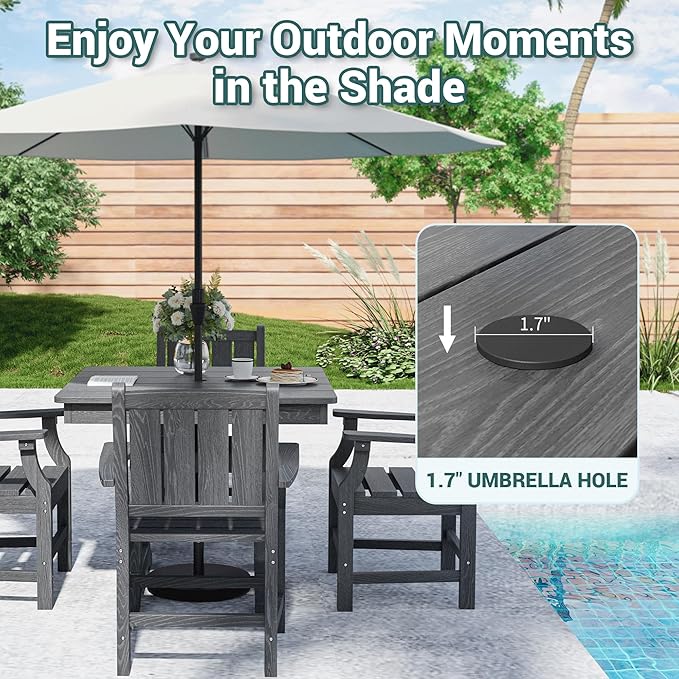 Pamapic 5 PCS Outdoor Dining Set, Spacious HDPE Outdoor Table and Chairs, Wood Grain Patio Furniture Sets with Elegant Armrest, All-Weather Patio Dining Table with Umbrella Hole, Gray Pamapic