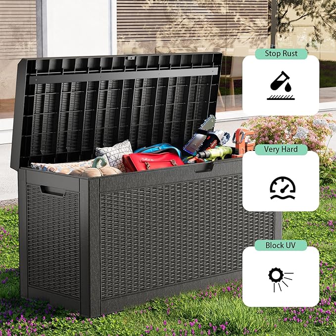 ROJIK Outdoor Storage Housing Deck Box,Waterproof Patio Furniture, Garden Tools, Cushions, Pool Accessories Storage Bench with Lockable Lid and Side Handles (Black,60 Gallon) ROJIK
