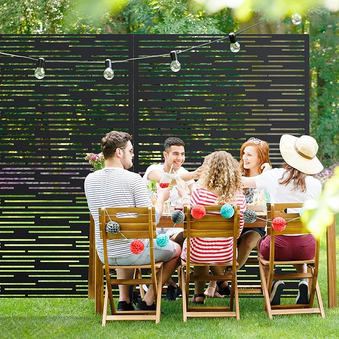Casaphoria Metal Privacy Screen Outdoor, 72" H x 47" W Freestanding Decorative Privacy Screen for Patio Deck Balcony Garden with Stable Base, Shine Black Casaphoria