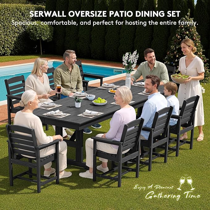 SERWALL 9 Piece Outdoor Dining Set, 84" HDPE Outdoor Table and Chairs for 8，All Weather Patio Furniture Set with Umbrella Hole for Backyard, Garden, Black SERWALL
