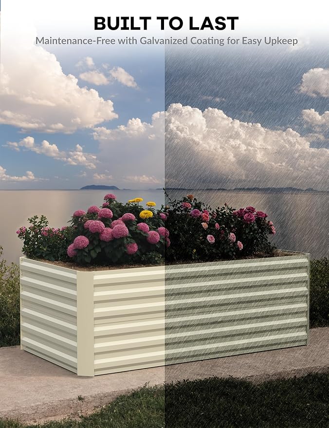 GarveeLife 6x3x2 ft Galvanized Raised Garden Bed, 24" Tall Metal Planter Box for Flowers Vegetables, Rust-Resistant Raised Garden Beds for Gardening, Easy Assembly Outdoor Garden Box & Planters,Beige GarveeLife