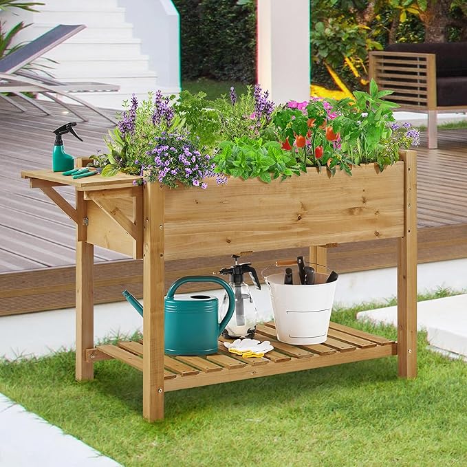 Yaheetech 49x22x32in 8 Pockets Horticulture Raised Garden Bed Elevated Wood Planter Box Stand with Foldable Side Table and Storage Shelf for Herb/Vegetables/Flowers, Light Brown Yaheetech