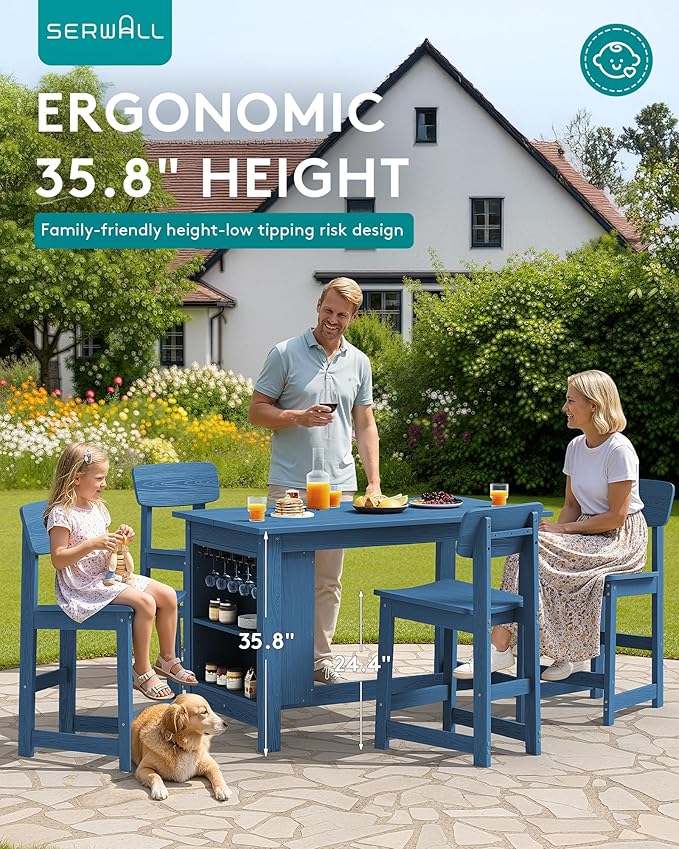 SERWALL 10-Piece HDPE Counter Height Dining Table Sets with Storage and Wine Rack, 2 Rectangular Bar Table with Bar Stools Set of 8 for Garden, Backyard, Kitchen, Blue SERWALL