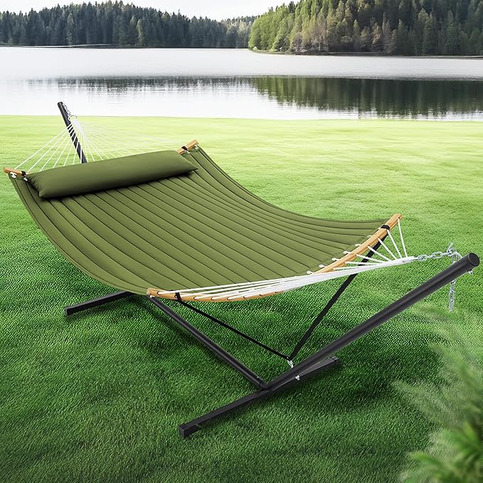 SUPERJARE Curved-Bar Hammock with Stand, 2 Person Heavy Duty Hammock Frame, Detachable Pillow & Portable Carrying Bag, Perfect for Outdoor & Indoor, Spring Green SUPERJARE