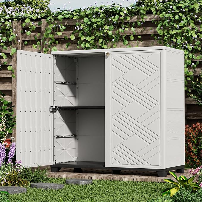 ADDOK Indoor Outdoor Plastic Storage Cabinet 34"x15"x34" with 1 Shelf, Outdoor Storage Shed for Living Room, Hallway, Balcony, Garage, Garden, Backyard-White ADDOK