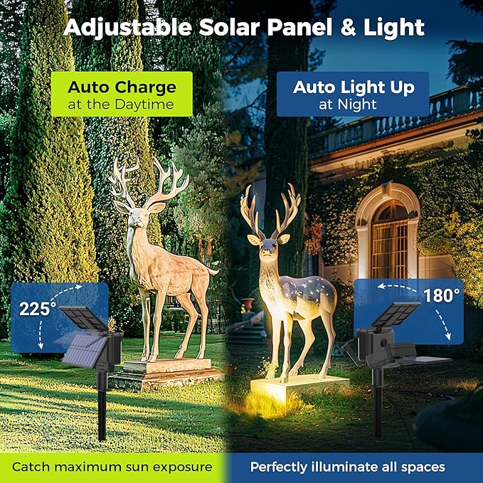 Solar Spot Lights Outdoor Waterproof for Flag, Tree, House, Garden, Yard, 3 Brightness Modes Solar Powered Landscape Spotlights 2 Pack Warm White COOZAMING