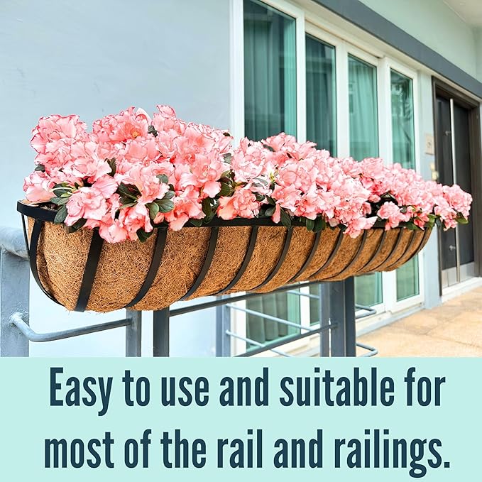 LaLaGreen Railing Planters Box (2 Pack, 30") Black Metal Large Rectangular Window Flower Box with Coco Liner, Wall Hanging Planter for Outdoor Plants Deck Rail Horse Troughs Fence Balcony Porch Garden L%C3%A1L%C3%A1Green