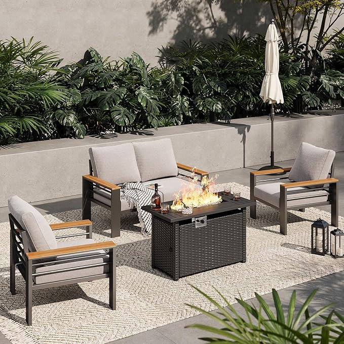 Aoxun Aluminum Outdoor Patio Furniture Set, 5-Piece Outdoor Sectional with 44'' Propane Gas Firepit Table, Patio Conversation Sets with Upgraded Armrests and Cushions for Backyard (Grey,4 Seats) Aoxun