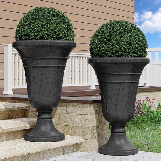 23" Tall Planters for Outdoor Plants Set of 2, Planter with Drainage Holes and Trophy Design, Large Outdoor Planters for Porch, Garden, Black Rootora