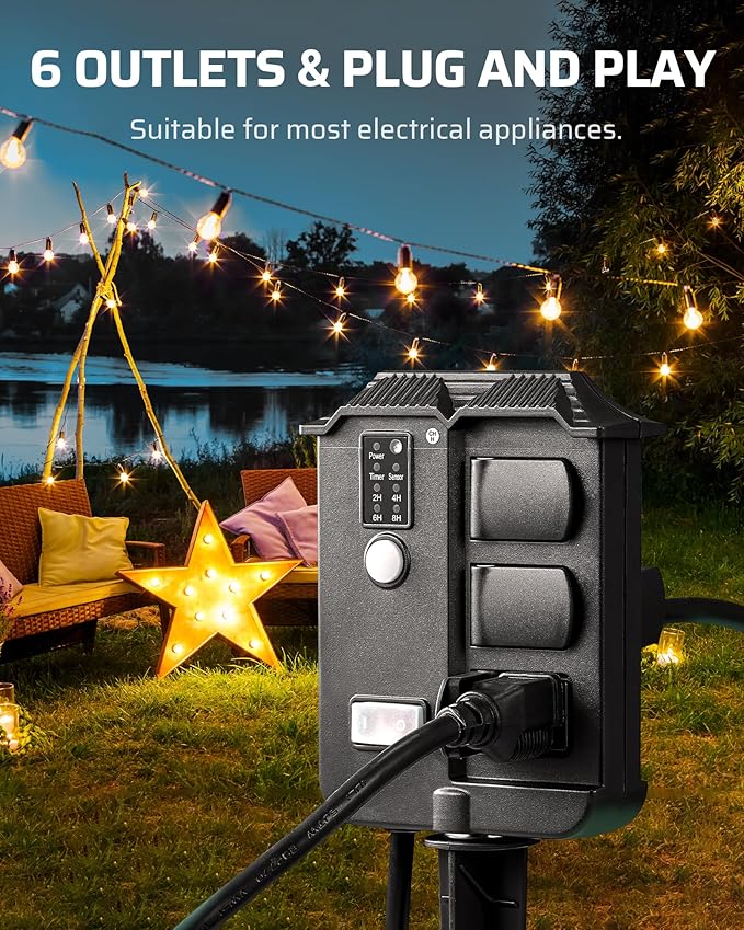 DEWENWILS Outdoor Power Stake Timer Waterproof, 6 Grounded Outlets, 6FT Extension Cord, 100FT Wireless Remote Control, Photocell Dusk to Dawn Timer for Lights, Yard, Garden, UL Listed DEWENWILS