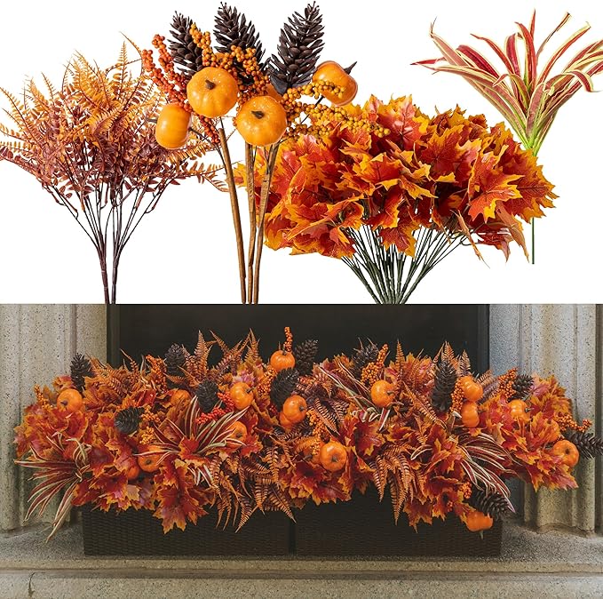 13pcs Outdoor Artificial Maple Leaf Pumpkin Branch with Berry and Maple Leave for Indoor Outside Hanging Plants Garden Porch Window Box Home Wedding Farmhouse Décor Clycaloor
