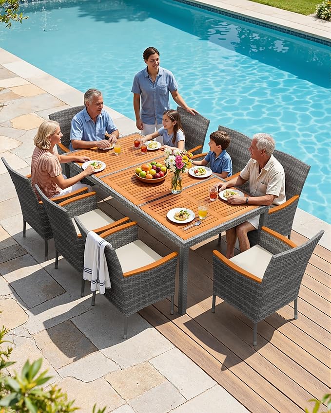 Flamaker 9 Piece Patio Dining Set Outdoor Acacia Wood Table and Chairs with Soft Cushions Wicker Patio Furniture for Deck, Backyard, Garden (Grey) Flamaker