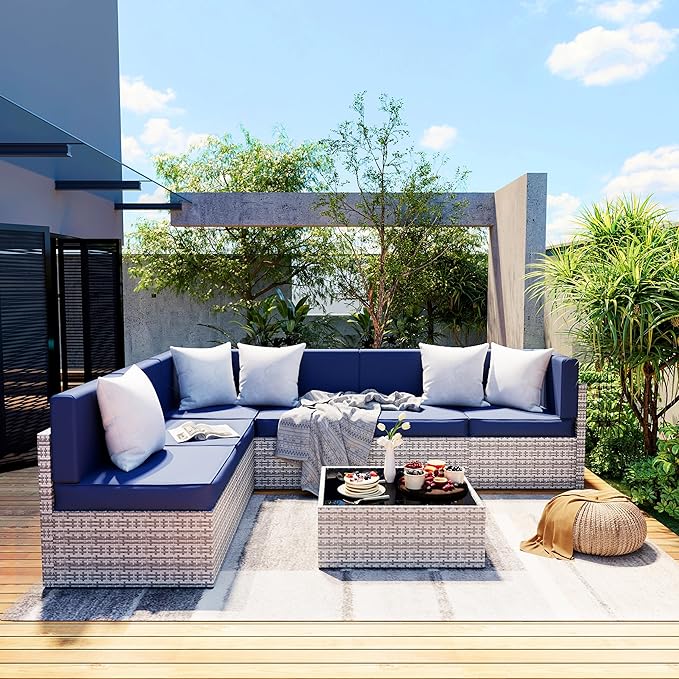 Pamapic 7 Piece Outdoor Sectional Sofa Set, All-Weather Patio Furniture with Washable Cushions, Waterproof Gray Rattan Wicker Conversation Set for Backyard, Poolside, Garden (Navy Blue Cushions) Pamapic