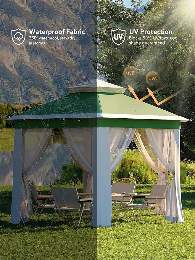 Garvee Pop Up Gazebo Screen Tent,Hexagonal Instant Gazebo Tent with Mosquito Netting Outdoor Canopy,6 Sided Sun Shelter 13x13ft with Mesh Netting,Pavilion Tents for Patio,Green+Beige Garvee